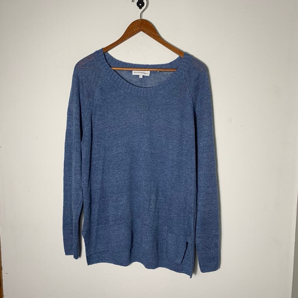 Womens White + Warren Linen Crewneck Sweater Blue Size L EUC!